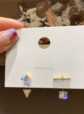 925银针简约锆石一字方块耳饰品女欧美法式水晶气质不对称耳环潮