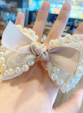 欧美小香风蝴蝶结简约珍珠白色发圈女发绳丸子头绳时尚流行发饰品