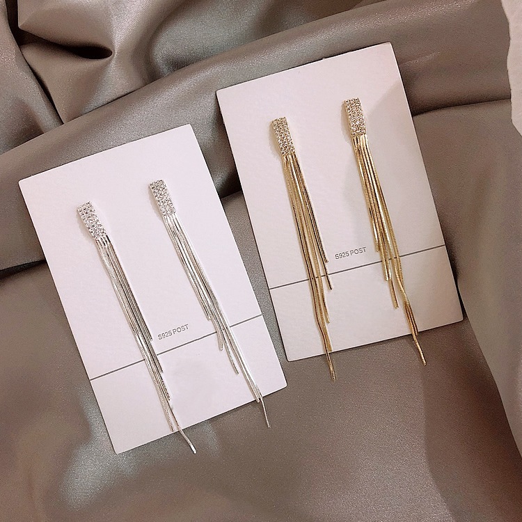 925银针几何镶钻耳环女气质长款流苏耳坠法式潮时尚显脸瘦耳饰品