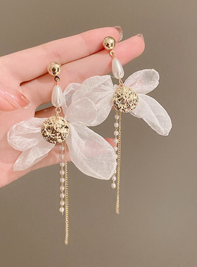 925银针夸张耳环女白色珍珠流苏欧根纱蝴蝶结耳坠气质法式耳饰品