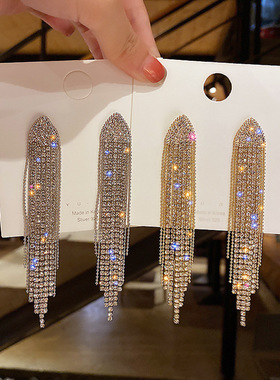 925银针满钻几何三角耳环女欧美时尚法式长款流苏耳坠个性耳饰品