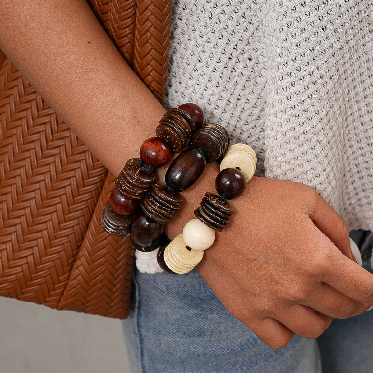 欧美复古木珠椰壳串珠几何椭圆形手链美拉德小众高级感手饰女