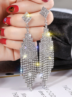 925银针欧美法式夸张流苏耳环女个性百搭镶钻耳坠长款时尚耳饰品