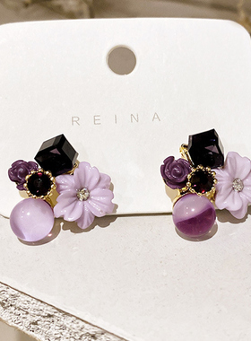 925银针镶钻猫眼石水晶花朵耳环女欧美法式甜美时尚紫色潮耳饰品