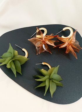 925银针浪漫绿色花朵C形耳环女耳坠欧美法式复古气质时尚潮耳饰