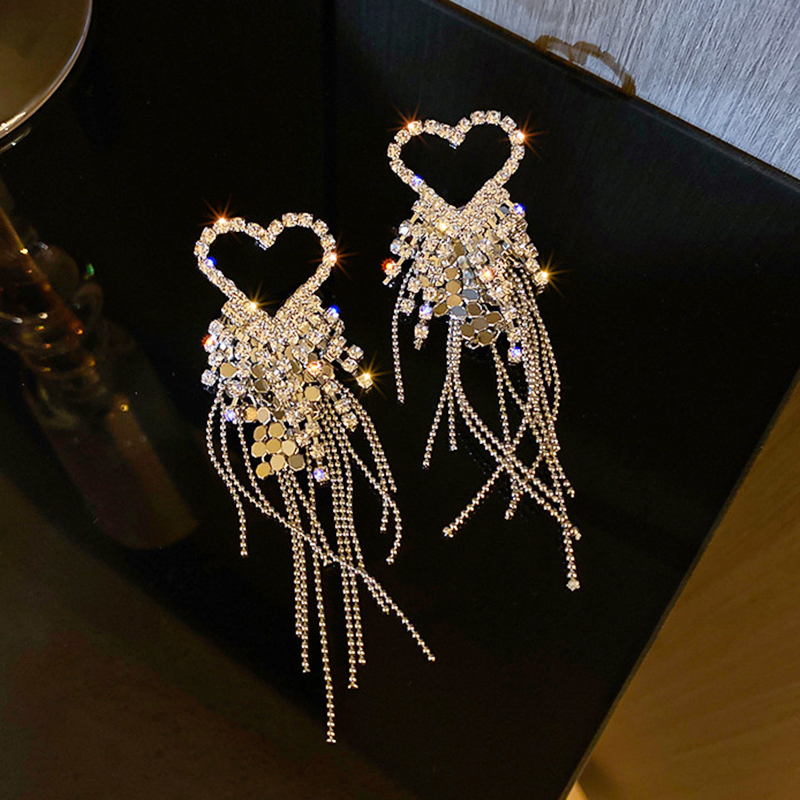 欧美镶钻米珠爱心银色流苏耳环女