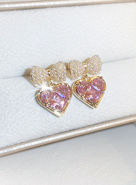 真金电镀银针法式珍珠蝴蝶结锆石耳环女甜美爱心高级感欧美耳饰品