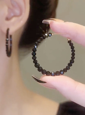 欧美银针个性时尚黑色水晶耳环耳圈女抖音款轻奢显脸小百搭耳饰品