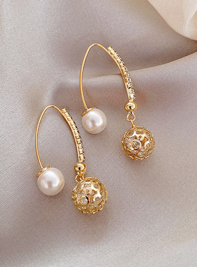 镀真金镂空球球耳钩时尚气质法式甜美金色耳环女欧美耳坠耳饰品潮