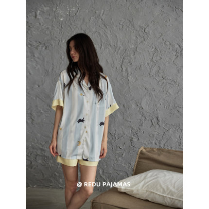 热妒睡衣女夏季款冰丝凉感短袖短裤可爱猫咪带胸垫一体家居服套装