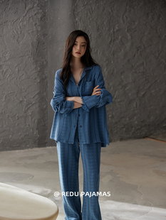 热妒睡衣女春秋季蓝色高级感纯棉纱布婴儿棉带胸垫一体可外穿套装