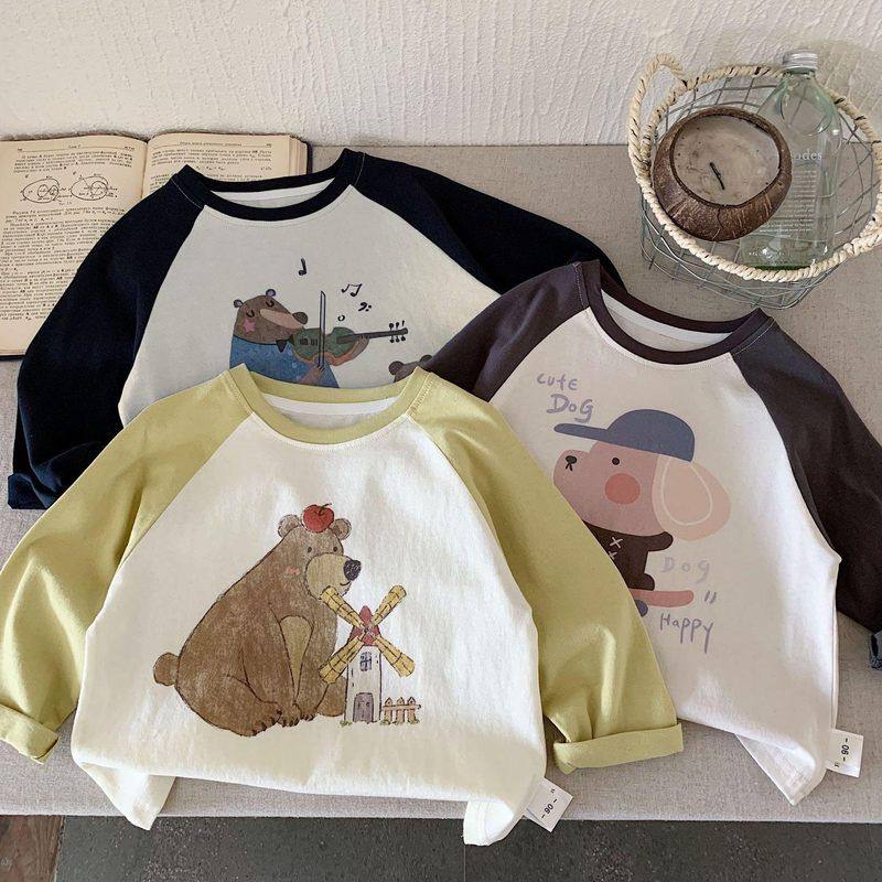 男女宝宝拼色插肩长袖T恤2025春秋韩版中小童纯棉卡通圆领打底衫