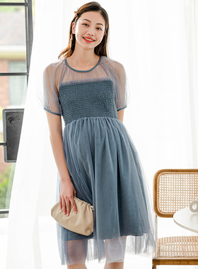 BELLYWEAR孕妇裙子夏季新款梦幻蓝色司马克拼接网纱气质孕妇装