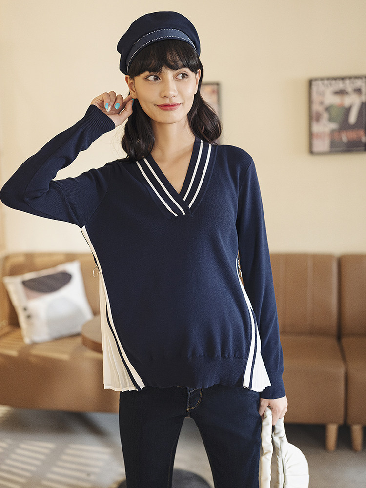 BELLYWEAR 출산복 가을 스웨터 세련된 스트라이프 V 넥 니트 쉬폰 주름 스티치 아우터 스웨터