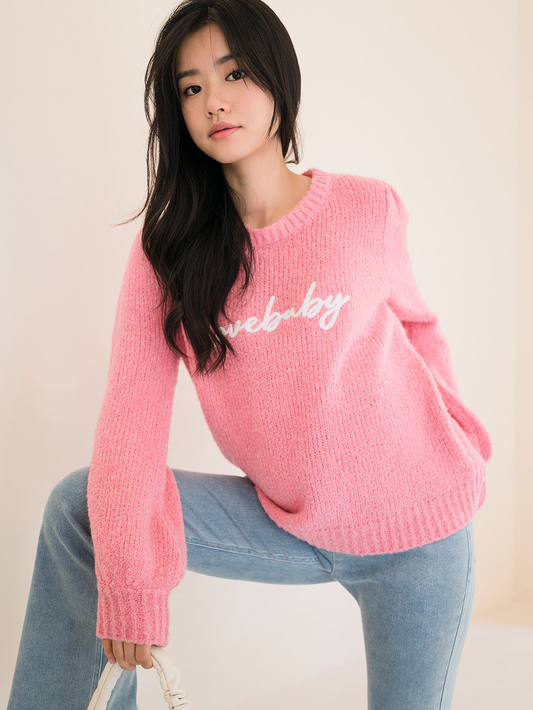BELLYWEAR 출산 스웨터 가을 겨울 새로운 패션 짧은 라운드 넥 매화 핑크 후프 원사 자수 탑