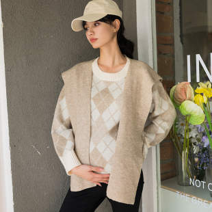 上衣时尚 BELLYWEAR孕妇装 针织衫 新款 宽松杏色格纹披肩两件套 秋季
