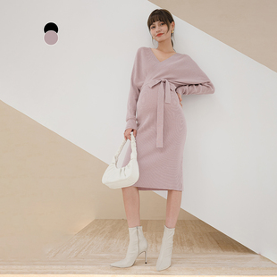 法式 时尚 天鹅颈V领系带外出哺乳裙 针织连衣裙秋季 BELLYWEAR孕妇装