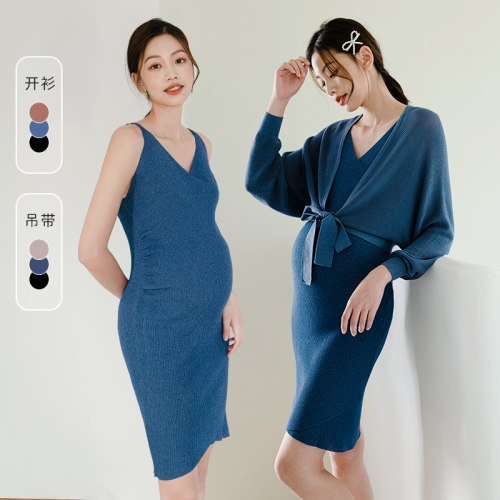 BELLYWEAR 孕妇吊带针织背心裙系带廓形短款开衫时尚洋气两件套 - 封面