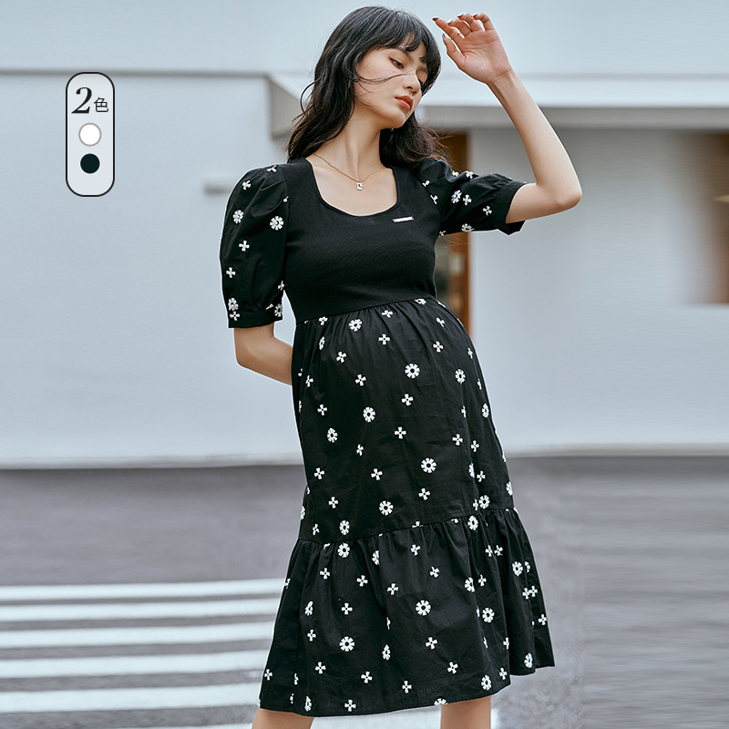 时尚刺绣拼接法式孕妇裙