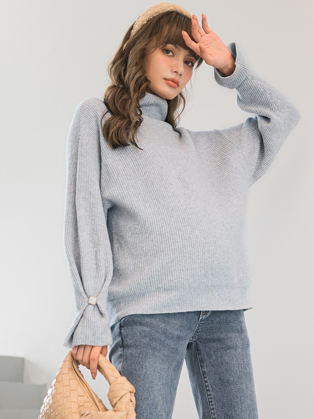 BELLYWEAR 출산 스웨터 겨울 패션 미스티 블루 그레이 터틀넥 조절 가능한 커프스 가을 겨울 탑