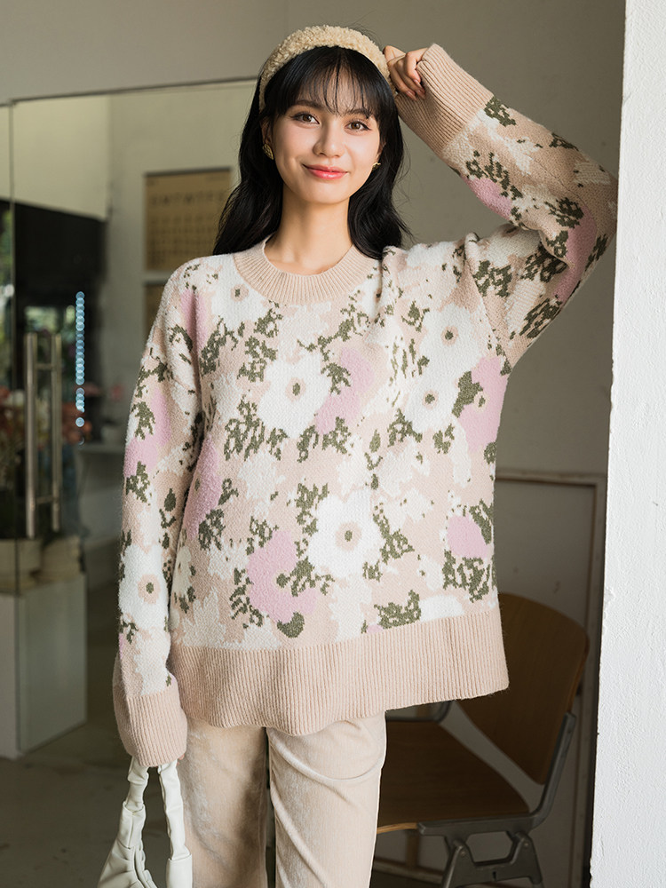 BELLYWEAR 출산 가을 새 스웨터 탑 프랑스 우아한 꽃무늬 느슨한 게으른 자카드 스웨터