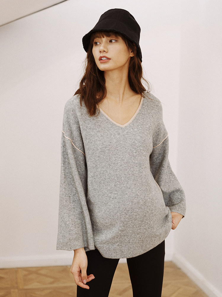 BELLYWEAR 출산 스웨터 짧은 패션 아방가르드 개성 라이트 플로랄 그레이 V 넥 루즈 벨벳 풀오버 스웨터