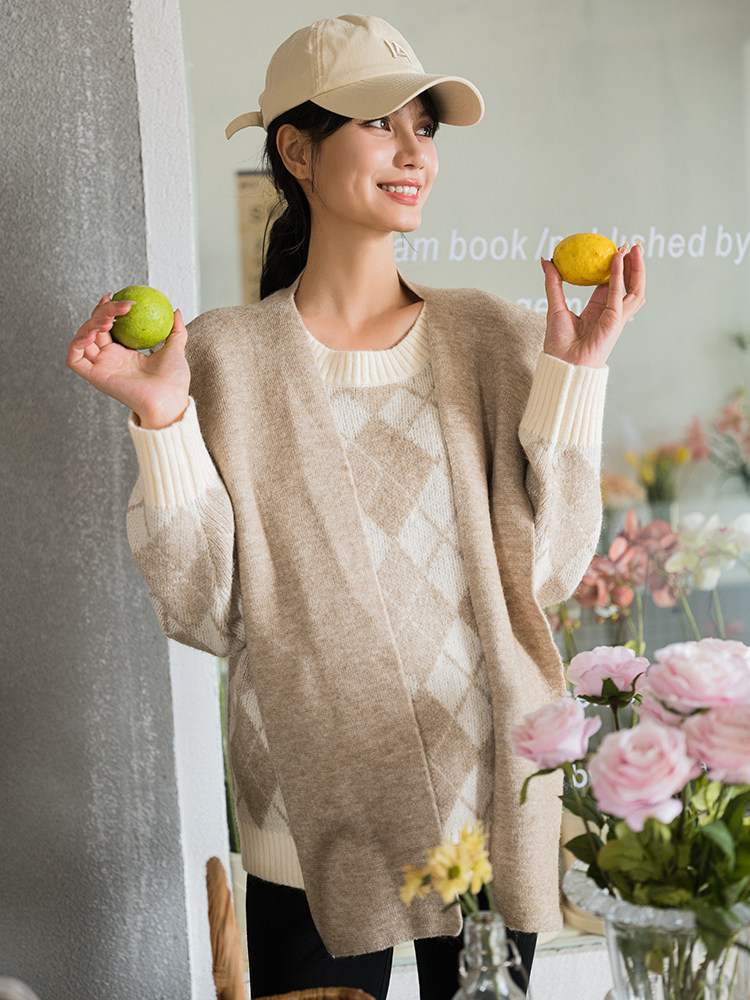 BELLYWEAR 출산 착용 새로운 가을 니트 스웨터 탑 세련된 느슨한 살구 격자 무늬 숄 2 피스 세트