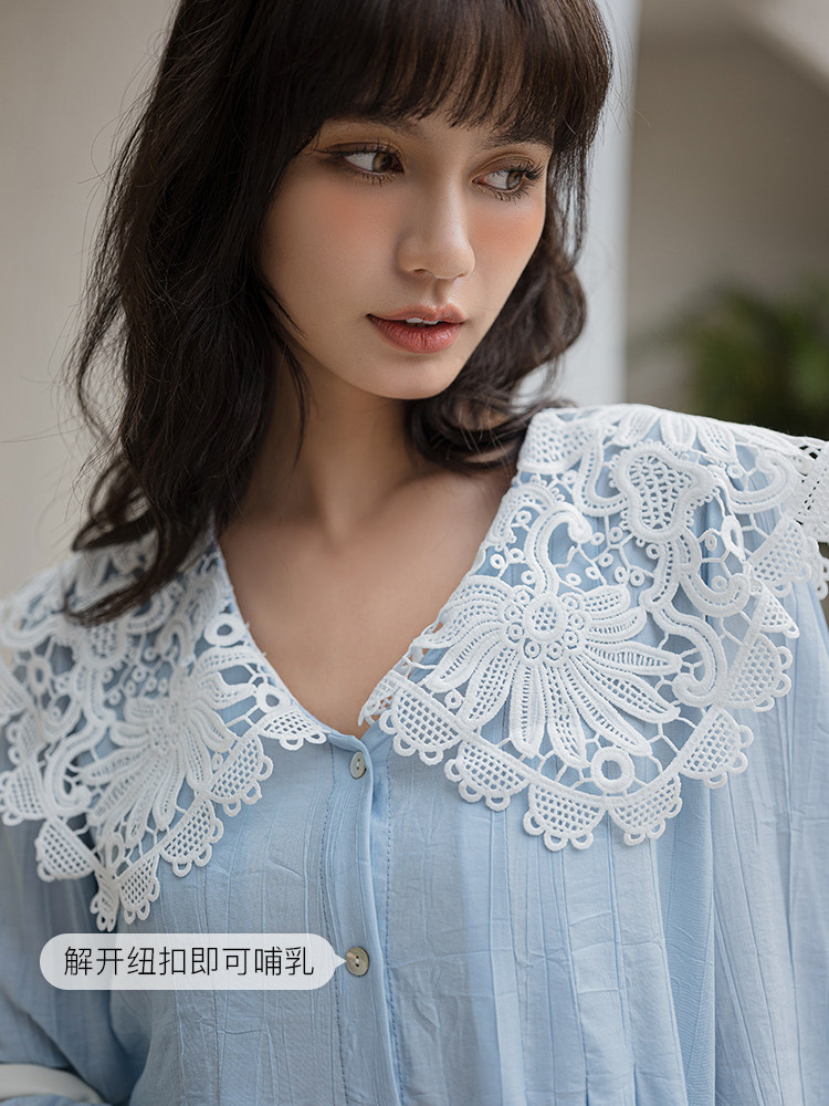 BELLYWEAR 출산 흰색 셔츠 가을 신작 패션 루즈한 아우터웨어 A-스윙 프렌치 우아한 레이스 칼라 탑