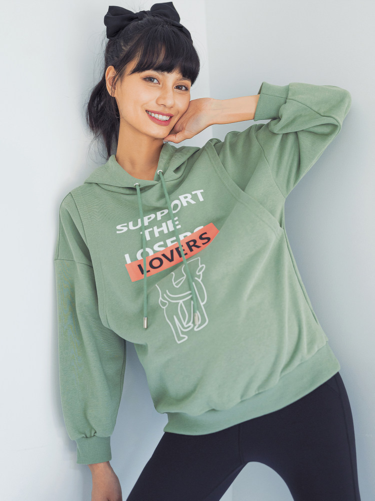 BELLYWEAR 출산 운동복 가을 느슨한 후드 인쇄 패션 민트 맘보 출산 가을 탑