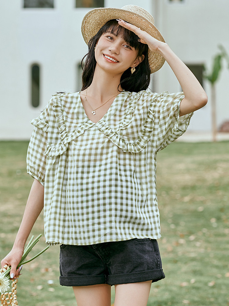 BELLYWEAR 출산 셔츠 탑 여름 신작 패션 느슨한 반팔 격자 무늬 프렌치 프릴 셔츠
