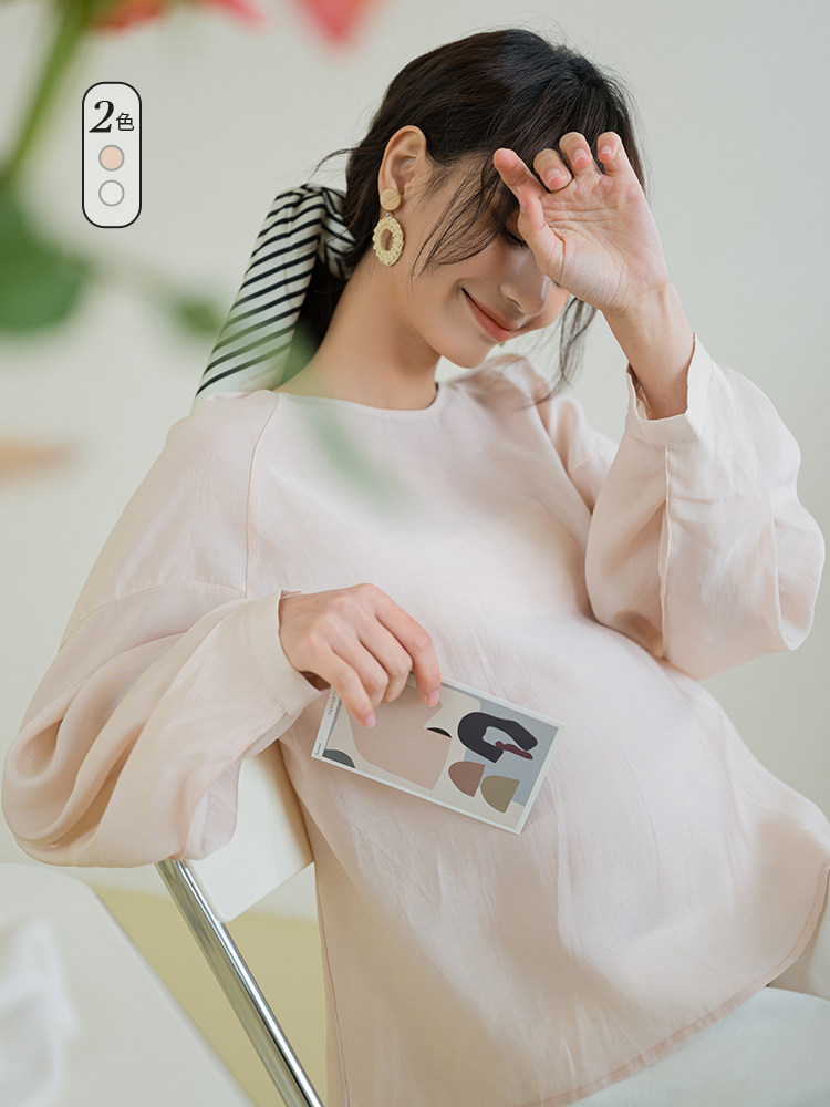 BELLYWEAR 출산 탑 가을 신작 패션 심플 루즈 대형 라운드 넥 풀오버 프렌치 탑