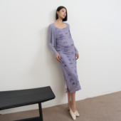 套装 BELLYWEAR孕妇装 连衣裙春秋弹力网纱蝴蝶结印花抽褶吊带开衫