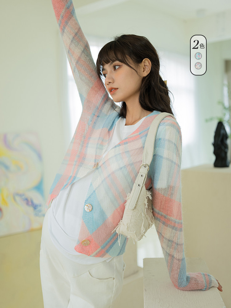 BELLYWEAR 출산복 가을 신작 가디건 세련된 느슨한 격자 무늬 모헤어 타이 염색 얇은 스웨터