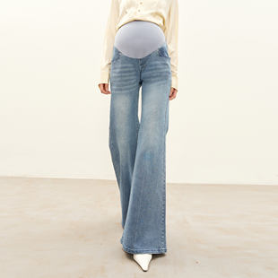 复古蓝显瘦复古宽松休闲弹力喇叭裤 新款 2025秋季 BELLYWEAR孕妇裤