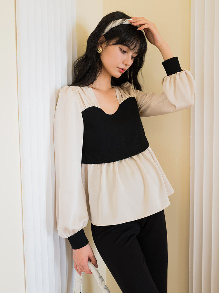 BELLYWEAR 출산복 가을 탑 패셔너블 프렌치 엘레강트 복고풍 대비 컬러 스티치 스퀘어 넥 A헴 셔츠