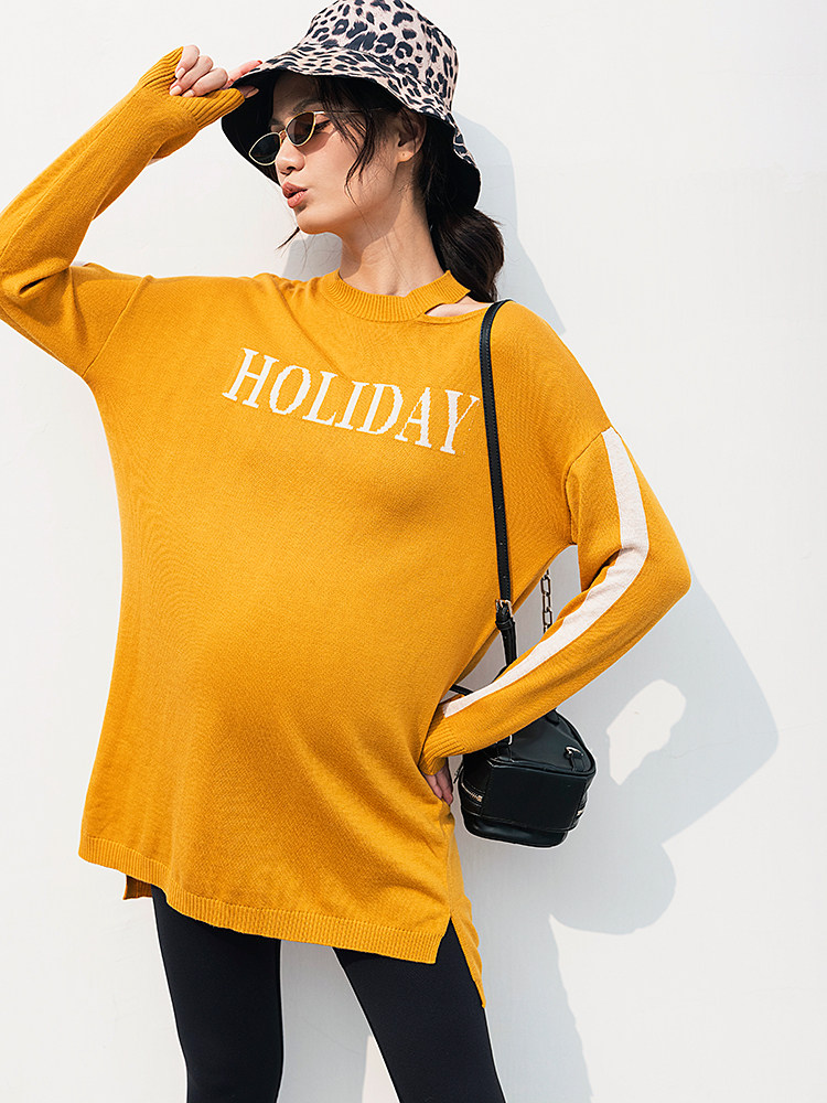 BELLYWEAR 출산 가을 겨울 스웨터 탑 세련된 느슨한 긴팔 중공 라운드 넥 레터 풀오버