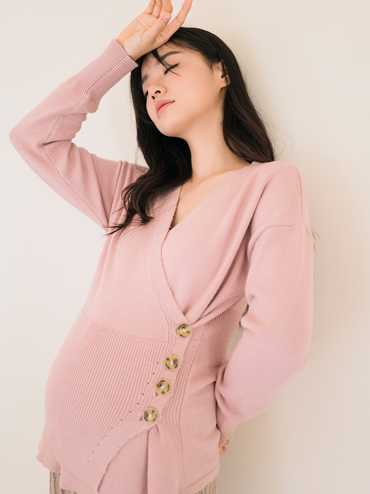 BELLYWEAR 출산 스웨터 가을 신작 패션 짧은 층층나무 핑크 V 넥 스트레치 니트 이너 탑