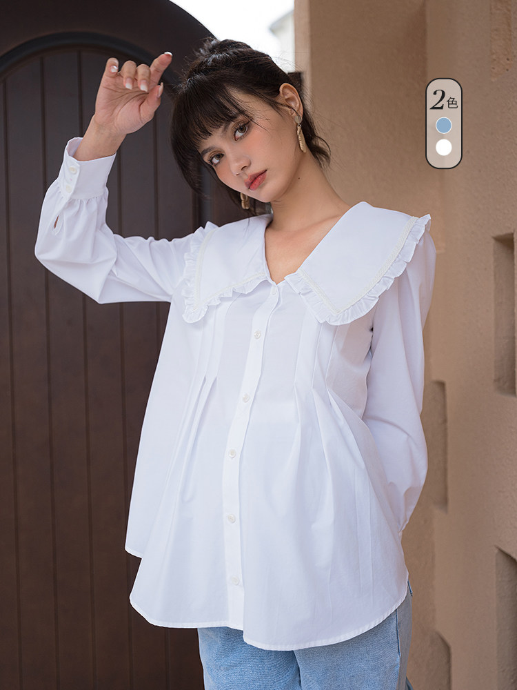 BELLYWEAR 출산 흰색 셔츠 가을 신작 패션 루즈한 아우터웨어 A-스윙 프렌치 우아한 레이스 칼라 탑