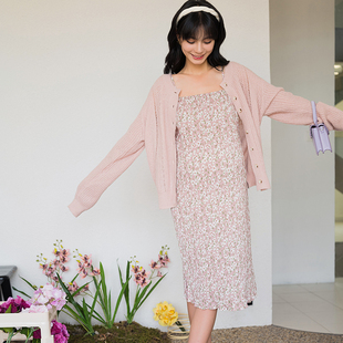 优雅樱花粉吊带裙开衫 套装 时尚 BELLYWEAR孕妇春夏套装 两件套法式
