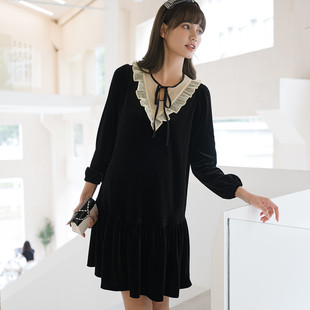 法式 连衣裙时尚 优雅丝绒欧根纱拼接娃娃裙 秋季 BELLYWEAR孕妇装