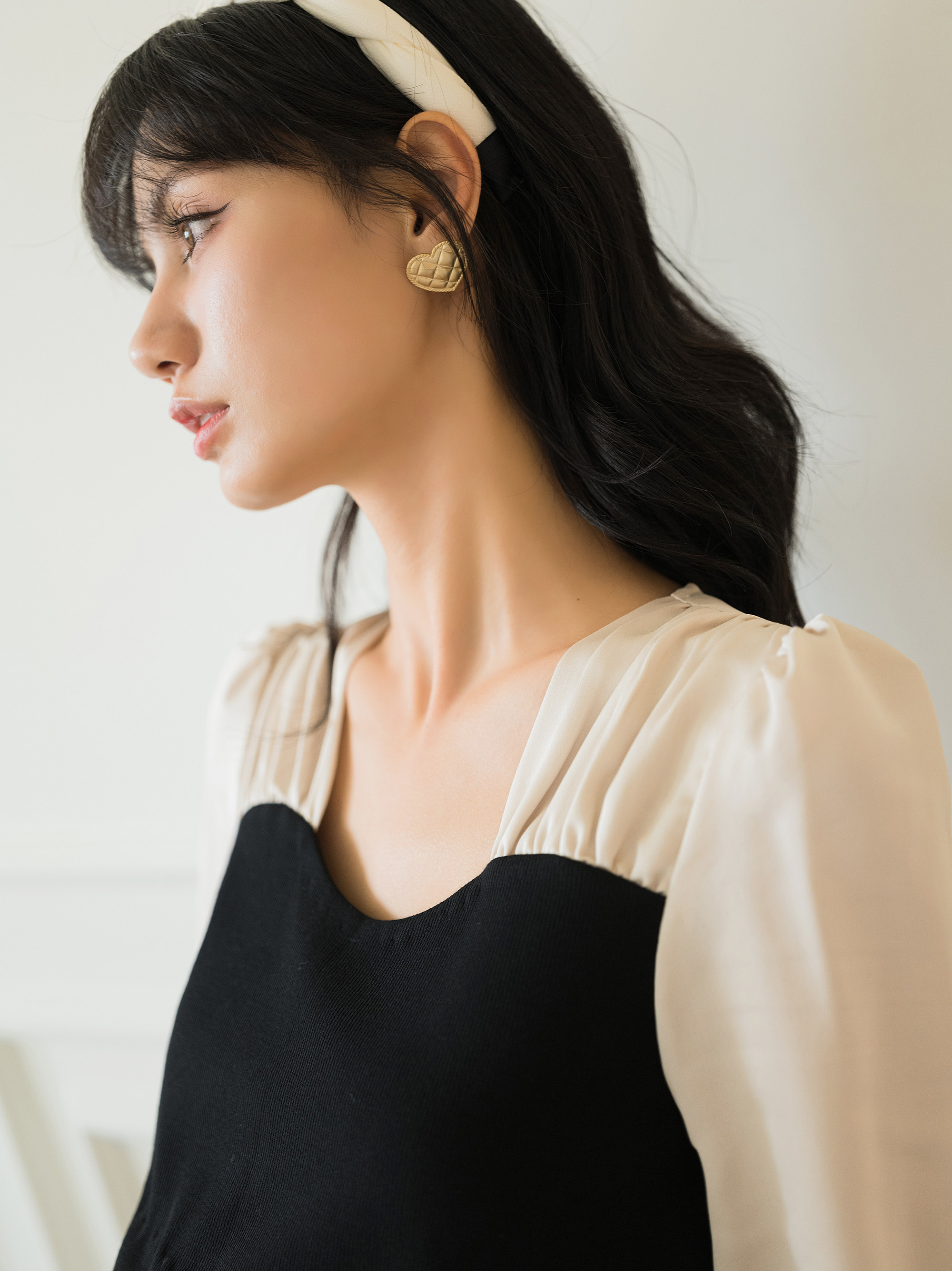 BELLYWEAR 출산복 가을 탑 패셔너블 프렌치 엘레강트 복고풍 대비 컬러 스티치 스퀘어 넥 A헴 셔츠