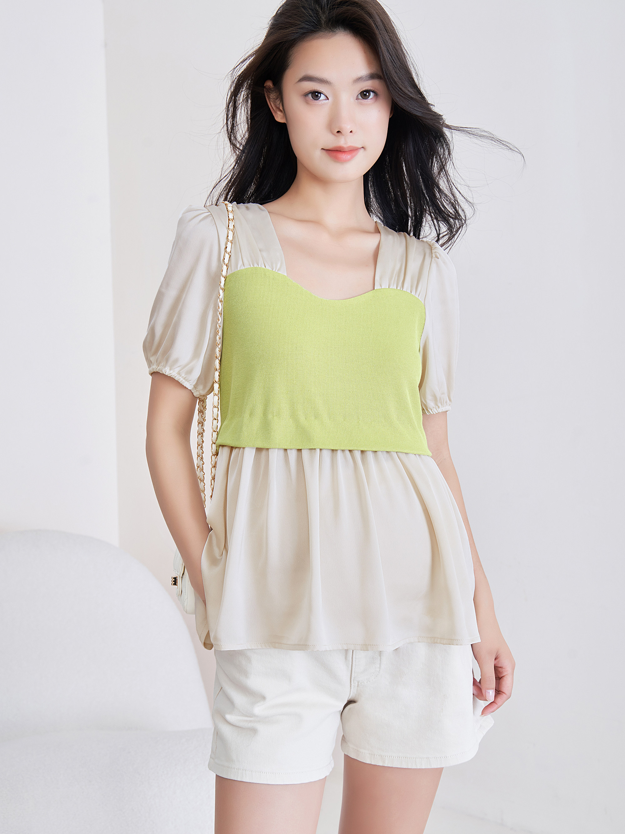 BELLYWEAR 출산복 가을 탑 패셔너블 프렌치 엘레강트 복고풍 대비 컬러 스티치 스퀘어 넥 A헴 셔츠