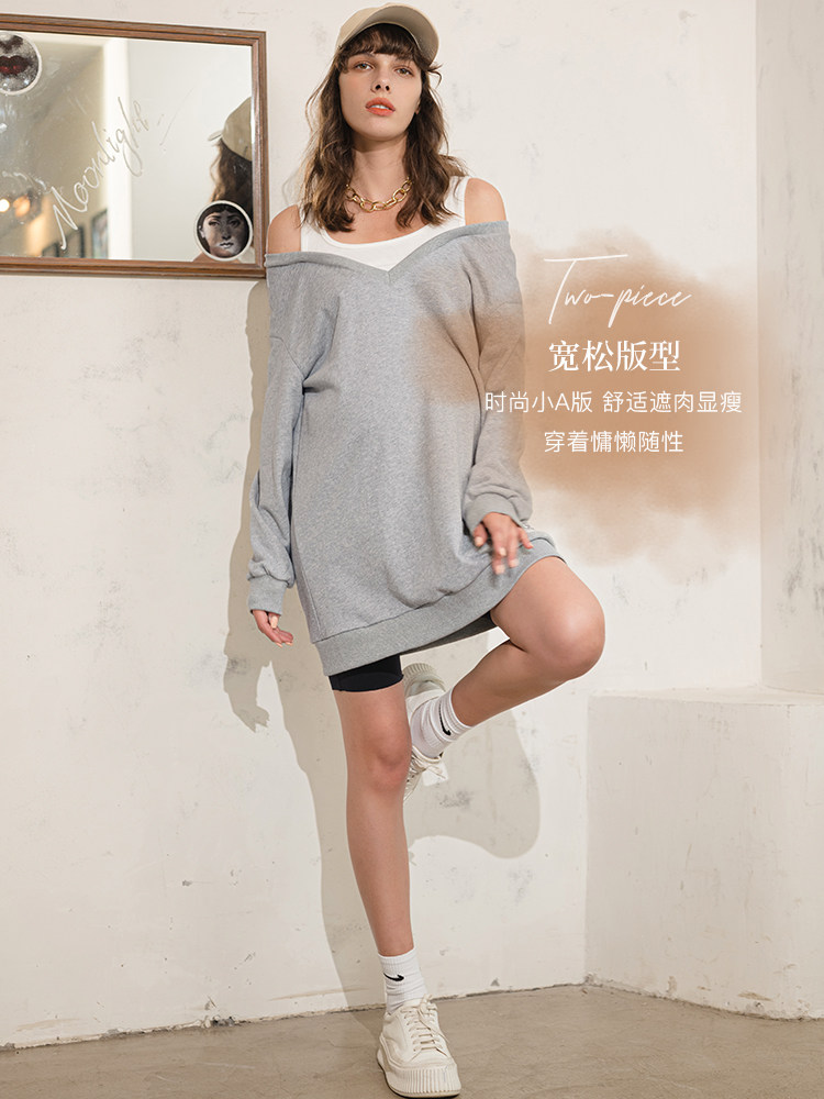 BELLYWEAR 출산 운동복 가을 패션 가짜 투피스 오프 숄더 루즈 스포츠 캐주얼 롱 운동복