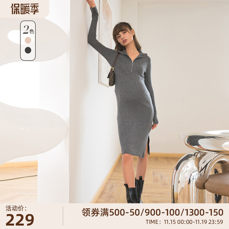 BELLYWEAR孕妇秋冬新款连衣裙时尚尚外拉链开襟高领