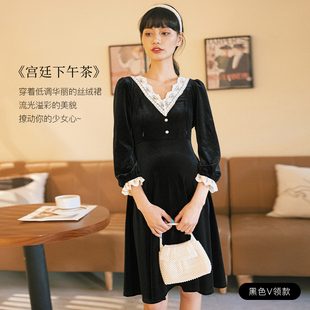 优雅孕妇装 BELLYWEAR孕妇装 蕾丝拼接气质经典 时尚 丝绒连衣裙秋季