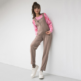 BELLYWEAR孕妇背带裤秋季新款时尚休闲减龄俏皮咖色针织萝卜长裤