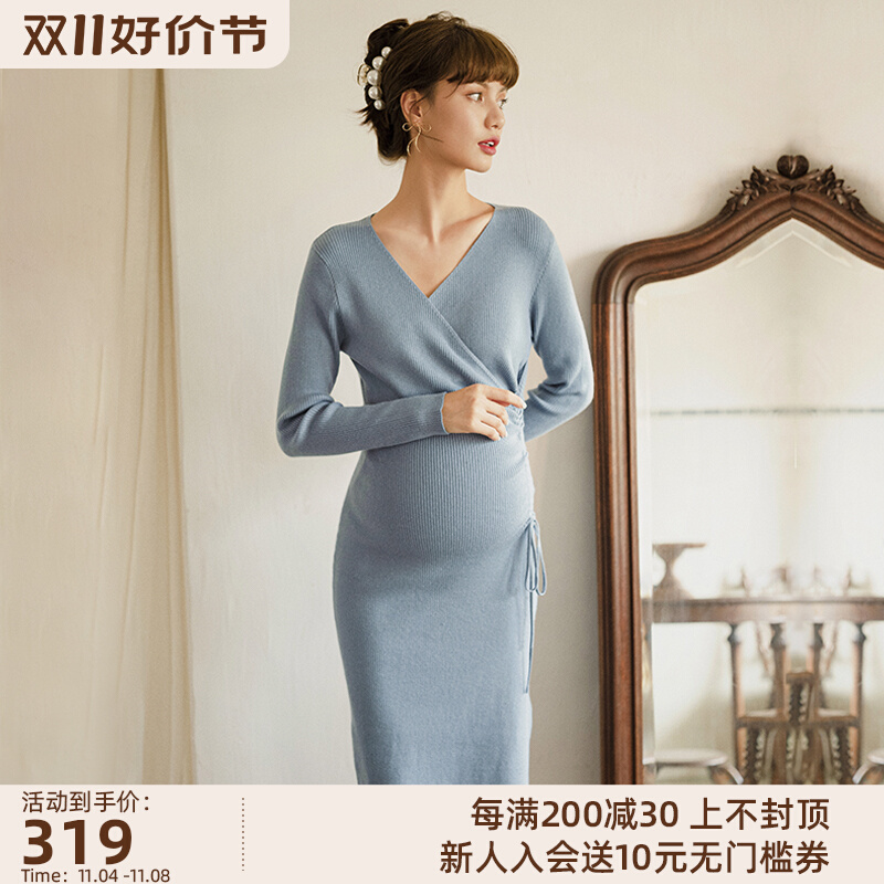 BELLYWEAR孕妇秋冬款连衣裙时尚气质V领裙摆开叉可调节抽绳孕妇裙