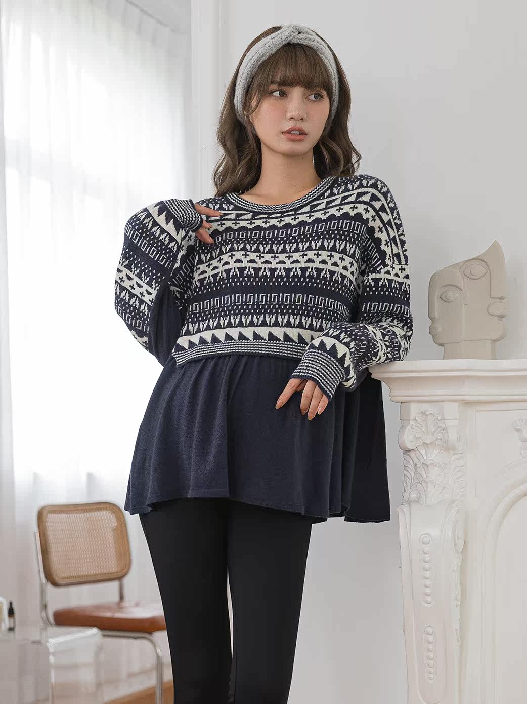 BELLYWEAR 출산 탑 가을 겨울 새로운 세련된 네이비 블루와 화이트 노르딕 스타일 토템 대비 A 스윙 스웨터