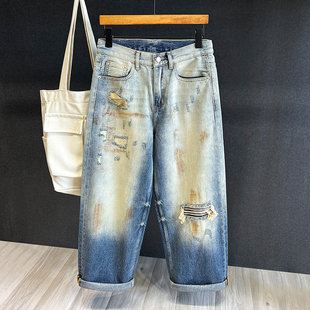 复古蓝锈迹破洞牛仔裤男秋季美式宽松直筒裤子男生潮牌做旧阔腿裤