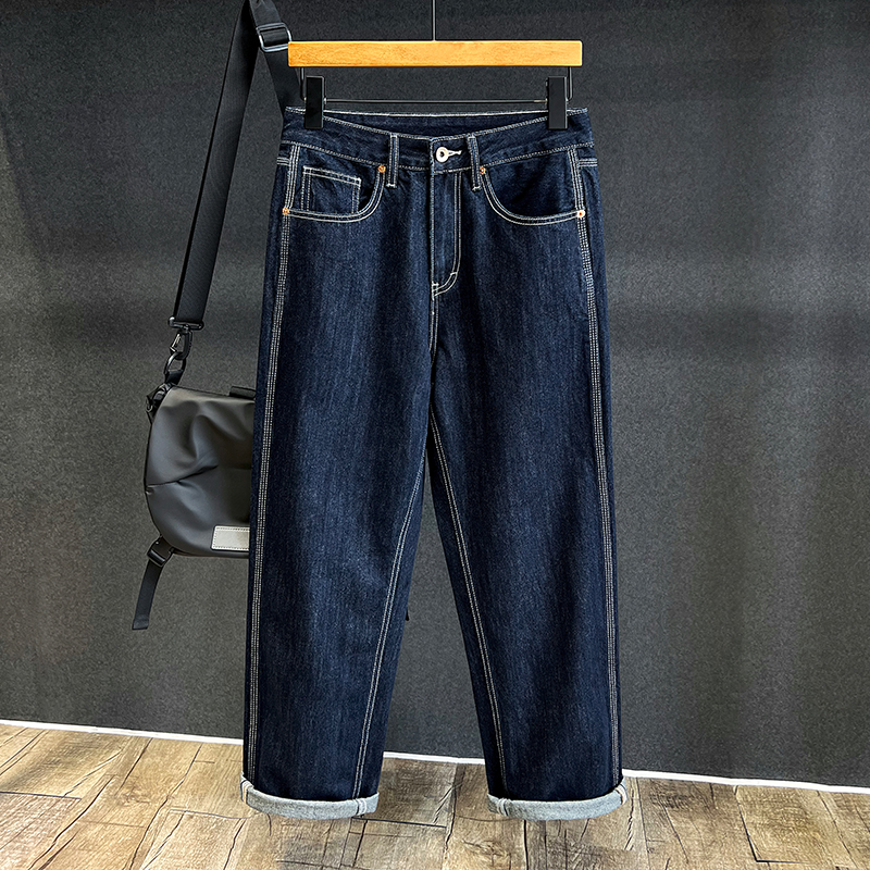 原色宽松直筒长裤子牛仔裤缉明线